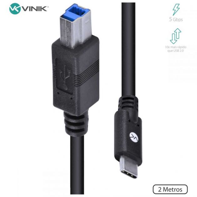 Cabo USB Tipo-C X USB Tipo-B Impressora V3.2 GEN1 5Gbps 2 Metros C32UBM-2 VINIK