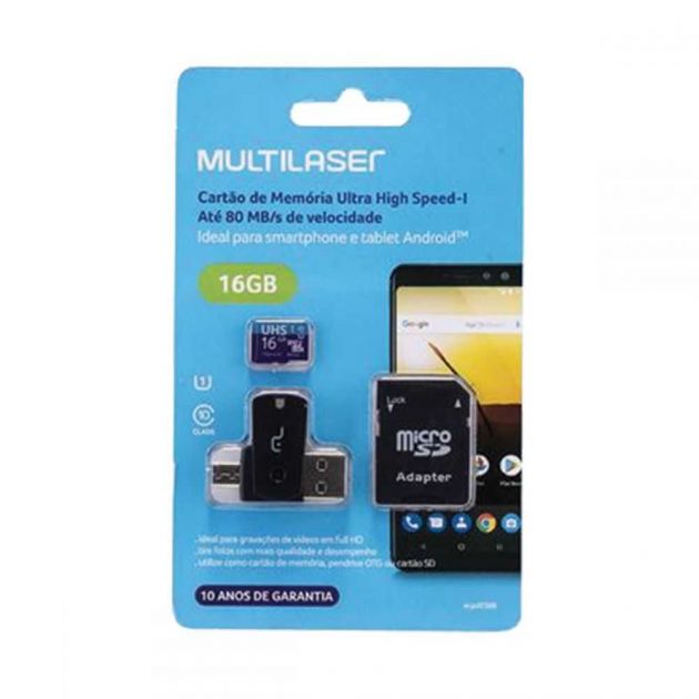 Cartão de Memória Micro SD 16GB Com Adaptador USB Dual MC150 Classe 10 MULTILASER