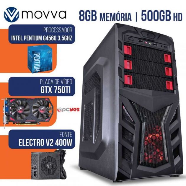 Computador Gamer MVXP Intel Pentium G4560 3.5GHZ Mem. 8GB HD 500GB Pl. de Vídeo GTX750TI 2GB MOVVA