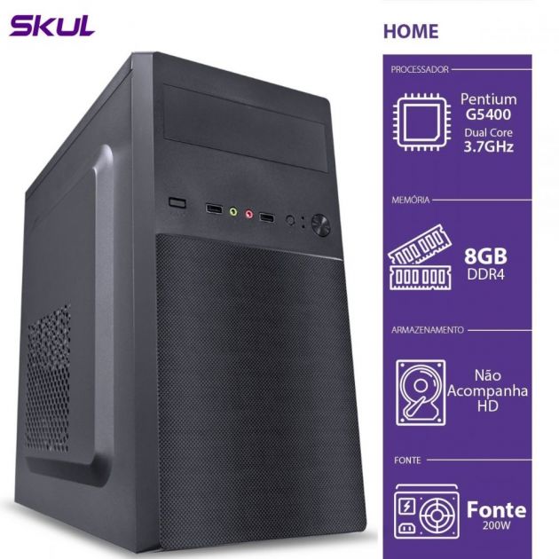 Computador Home H200 Pentium Dual Core G5400 3.7Ghz 8GB DDR4 (sem HD/SSD) Fonte 200W - SKUL