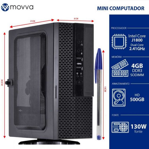 Mini Computador Lite Dual Core J1800 2.41GHZ Memória 4GB HD 500GB Fonte 130W Linux MOVVA